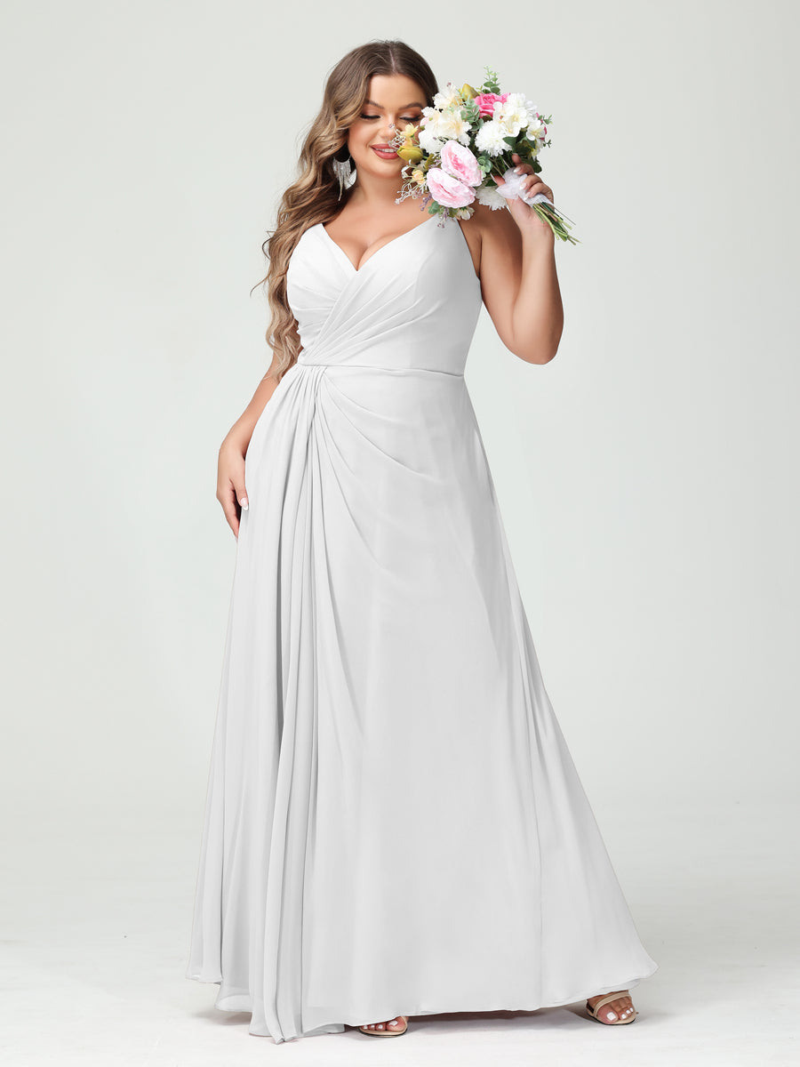A-Line/Princess Spaghetti Straps Sleeveless Chiffon Split Side Plus Size Bridesmaid Dresses with Pockets Off White