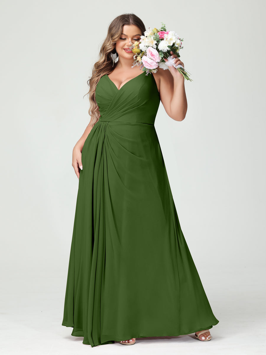 A-Line/Princess Spaghetti Straps Sleeveless Chiffon Split Side Plus Size Bridesmaid Dresses with Pockets Olive Green