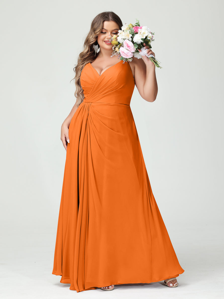 A-Line/Princess Spaghetti Straps Sleeveless Chiffon Split Side Plus Size Bridesmaid Dresses with Pockets Orange