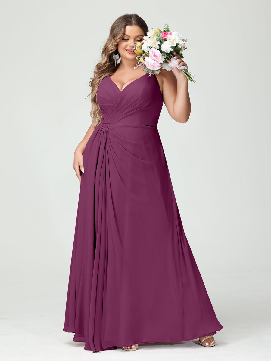 A-Line/Princess Spaghetti Straps Sleeveless Chiffon Split Side Plus Size Bridesmaid Dresses with Pockets Orchid