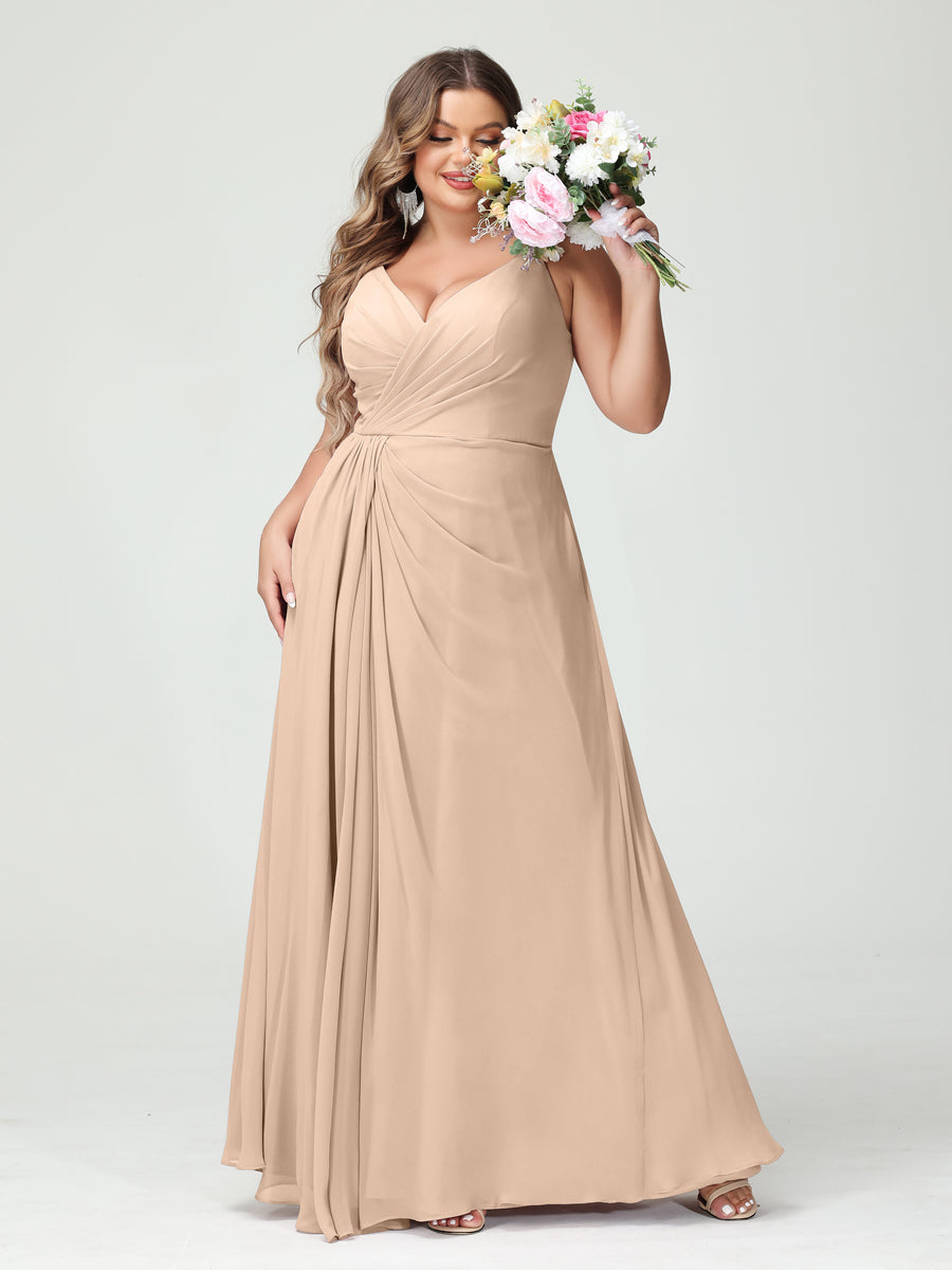 A-Line/Princess Spaghetti Straps Sleeveless Chiffon Split Side Plus Size Bridesmaid Dresses with Pockets Peach Pink