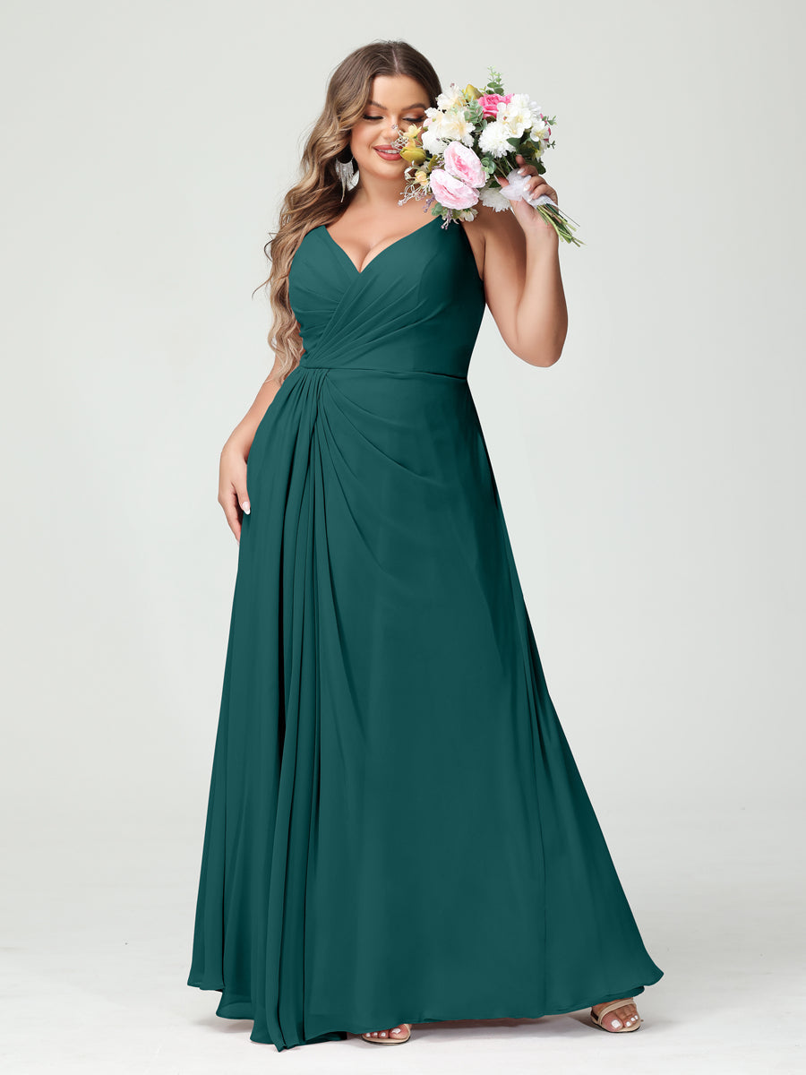 A-Line/Princess Spaghetti Straps Sleeveless Chiffon Split Side Plus Size Bridesmaid Dresses with Pockets Peacock