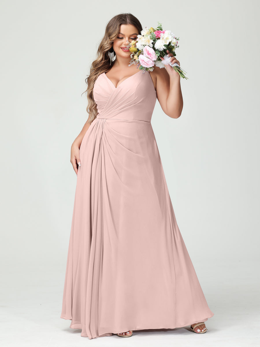 A-Line/Princess Spaghetti Straps Sleeveless Chiffon Split Side Plus Size Bridesmaid Dresses with Pockets Pearl Pink