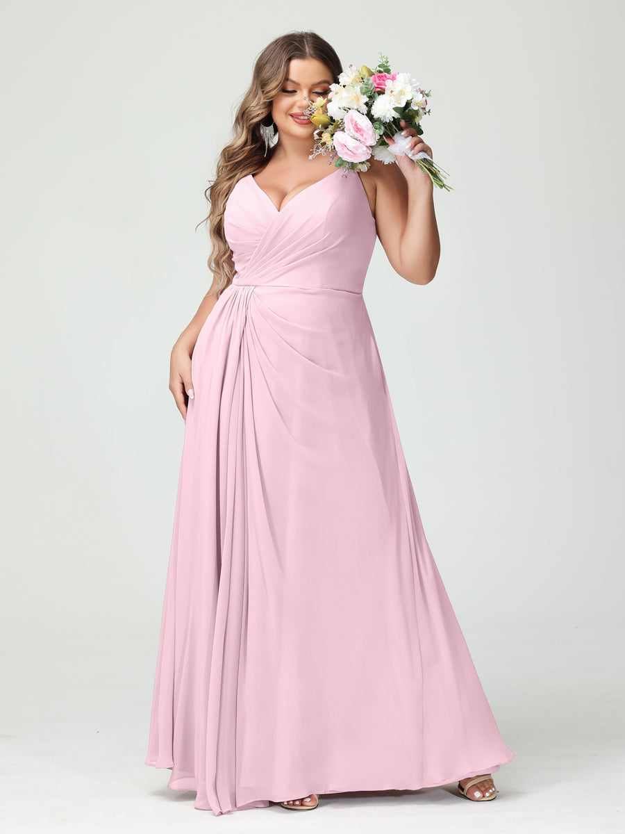 A-Line/Princess Spaghetti Straps Sleeveless Chiffon Split Side Plus Size Bridesmaid Dresses with Pockets Pink