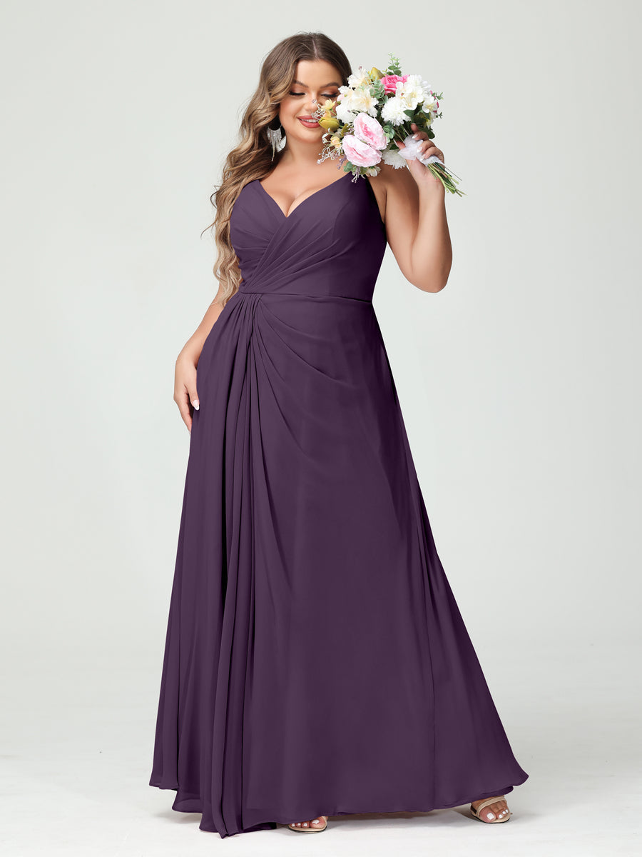 A-Line/Princess Spaghetti Straps Sleeveless Chiffon Split Side Plus Size Bridesmaid Dresses with Pockets Plum