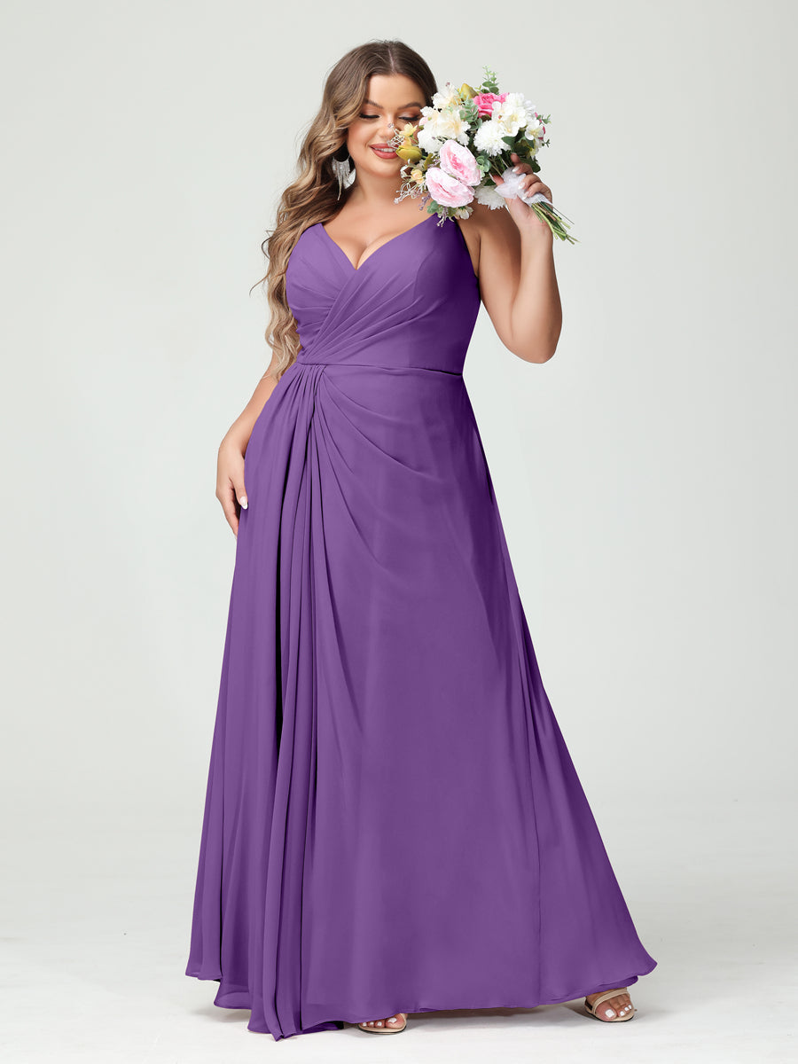 A-Line/Princess Spaghetti Straps Sleeveless Chiffon Split Side Plus Size Bridesmaid Dresses with Pockets Purple