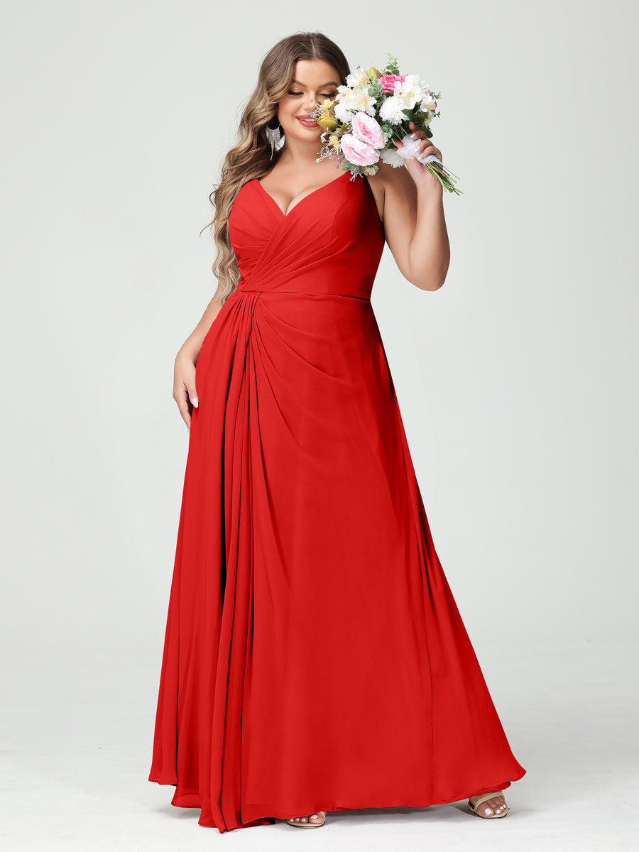 A-Line/Princess Spaghetti Straps Sleeveless Chiffon Split Side Plus Size Bridesmaid Dresses with Pockets Red