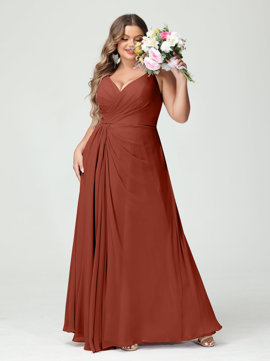 A-Line/Princess Spaghetti Straps Sleeveless Chiffon Split Side Plus Size Bridesmaid Dresses with Pockets Rust