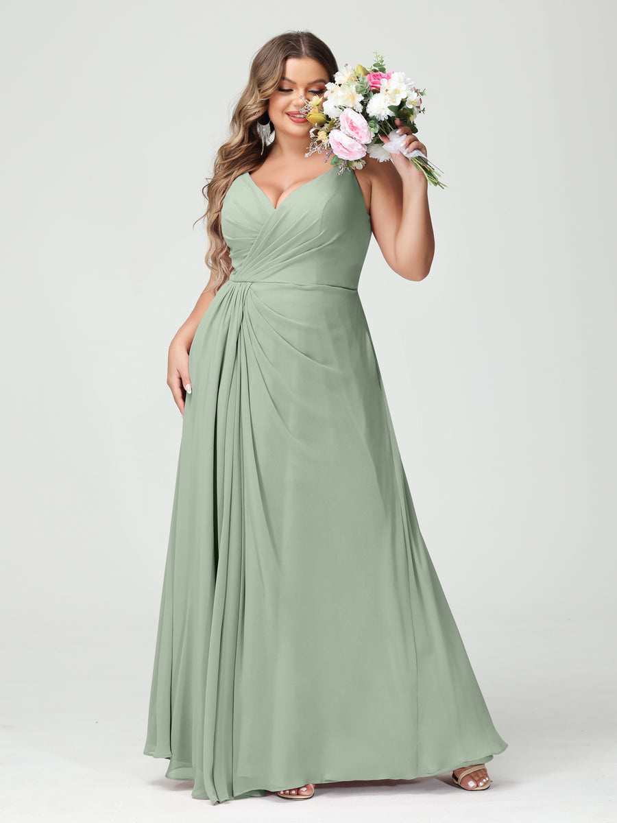 A-Line/Princess Spaghetti Straps Sleeveless Chiffon Split Side Plus Size Bridesmaid Dresses with Pockets Sage
