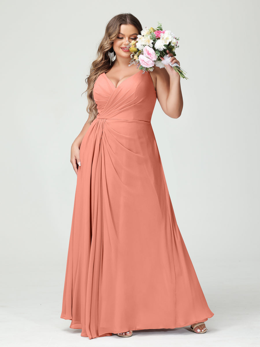 A-Line/Princess Spaghetti Straps Sleeveless Chiffon Split Side Plus Size Bridesmaid Dresses with Pockets Salmon