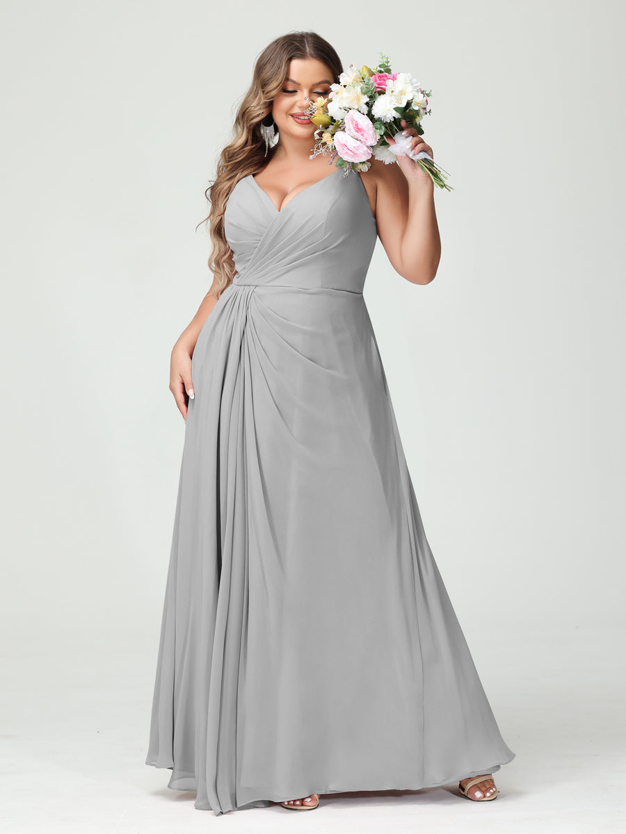 A-Line/Princess Spaghetti Straps Sleeveless Chiffon Split Side Plus Size Bridesmaid Dresses with Pockets Silver