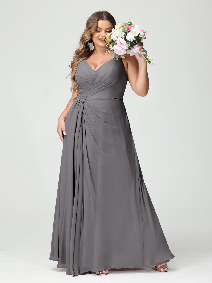 A-Line/Princess Spaghetti Straps Sleeveless Chiffon Split Side Plus Size Bridesmaid Dresses with Pockets Silver Gray