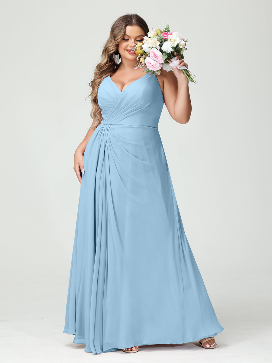 A-Line/Princess Spaghetti Straps Sleeveless Chiffon Split Side Plus Size Bridesmaid Dresses with Pockets Sky Blue