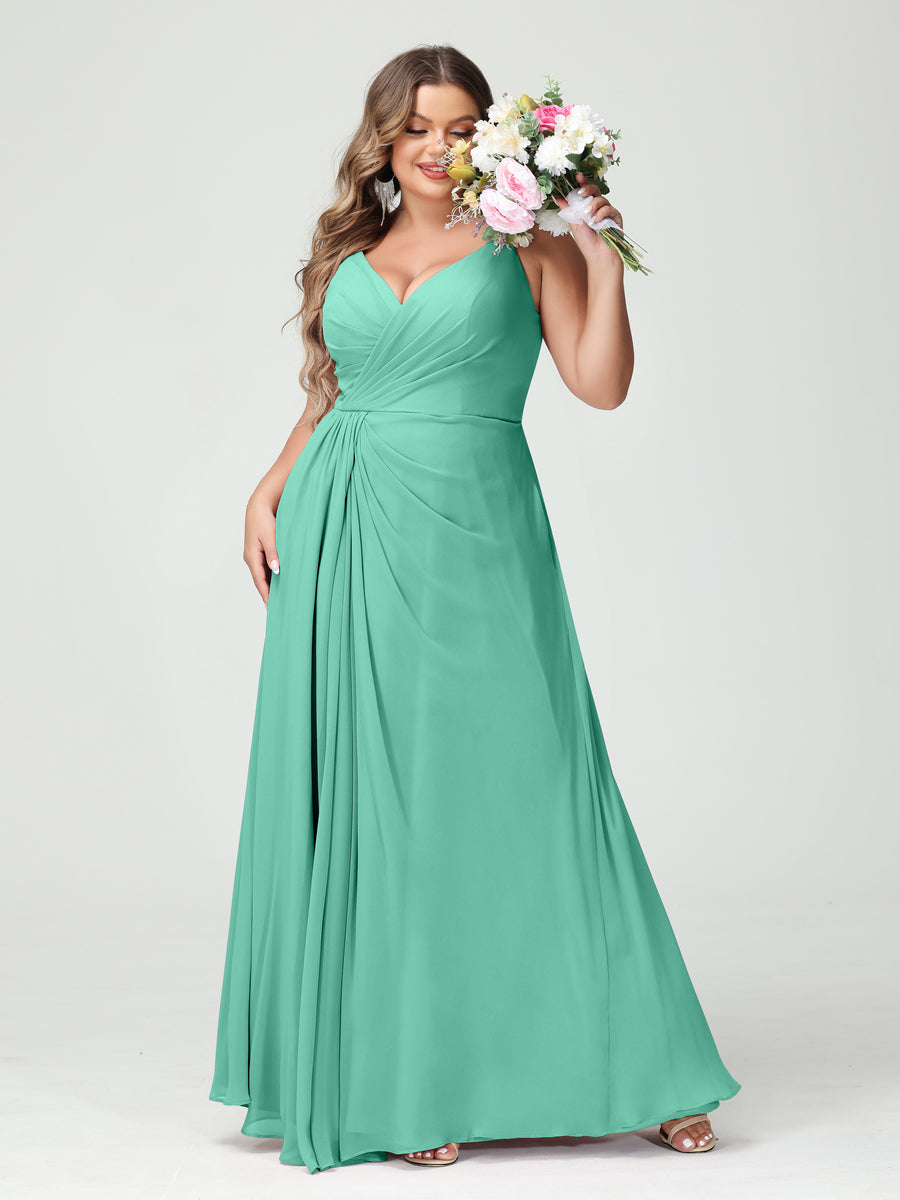 A-Line/Princess Spaghetti Straps Sleeveless Chiffon Split Side Plus Size Bridesmaid Dresses with Pockets Spa