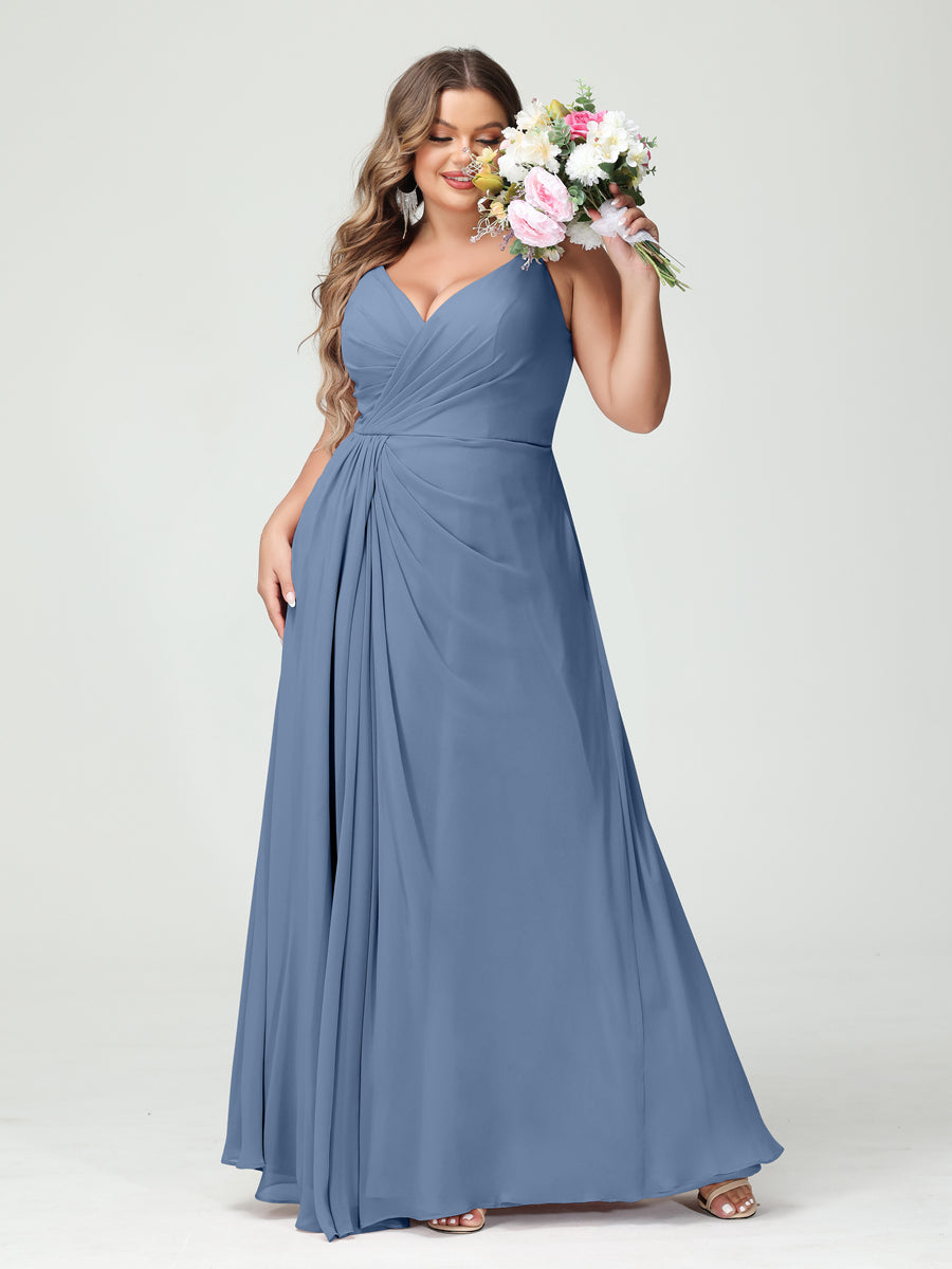 A-Line/Princess Spaghetti Straps Sleeveless Chiffon Split Side Plus Size Bridesmaid Dresses with Pockets Steel Blue