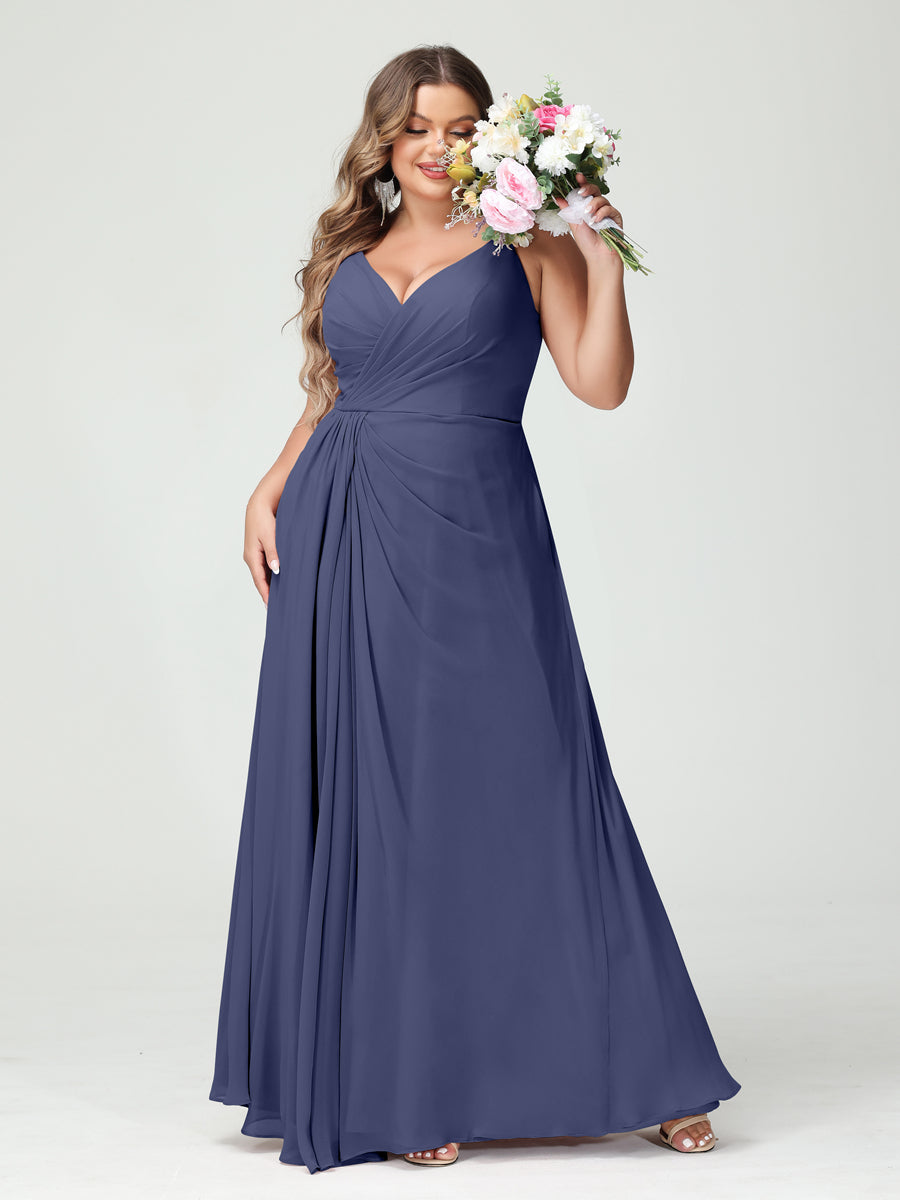 A-Line/Princess Spaghetti Straps Sleeveless Chiffon Split Side Plus Size Bridesmaid Dresses with Pockets Stormy Blue