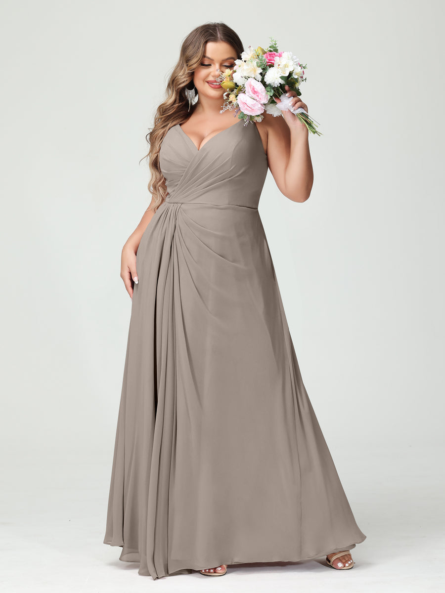 A-Line/Princess Spaghetti Straps Sleeveless Chiffon Split Side Plus Size Bridesmaid Dresses with Pockets Taupe