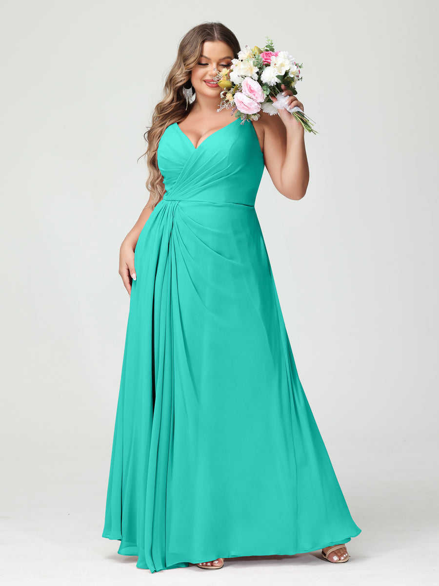 A-Line/Princess Spaghetti Straps Sleeveless Chiffon Split Side Plus Size Bridesmaid Dresses with Pockets Turquoise