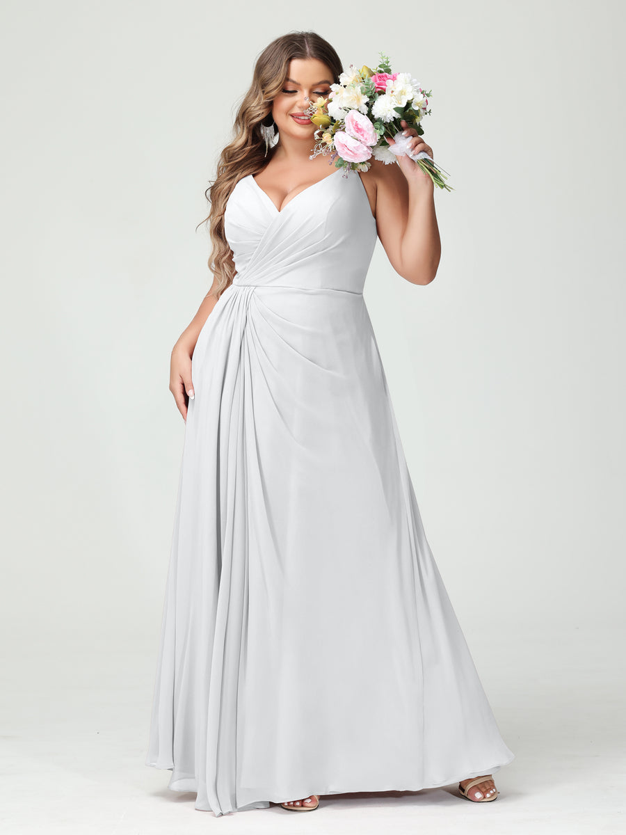 A-Line/Princess Spaghetti Straps Sleeveless Chiffon Split Side Plus Size Bridesmaid Dresses with Pockets White