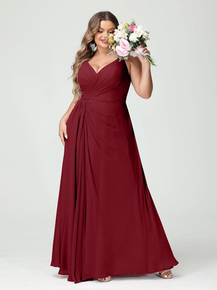 A-Line/Princess Spaghetti Straps Sleeveless Chiffon Split Side Plus Size Bridesmaid Dresses with Pockets Wine Red