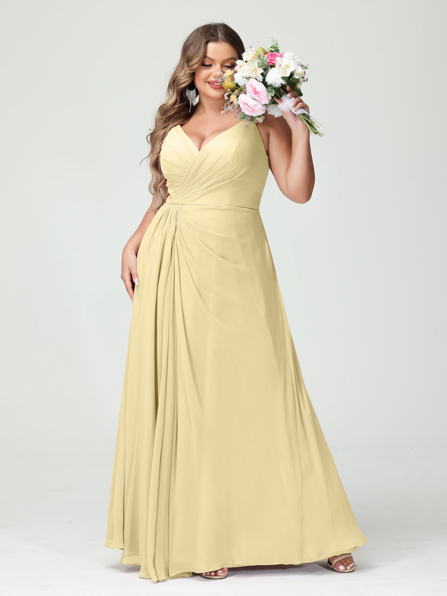 A-Line/Princess Spaghetti Straps Sleeveless Chiffon Split Side Plus Size Bridesmaid Dresses with Pockets Yellow