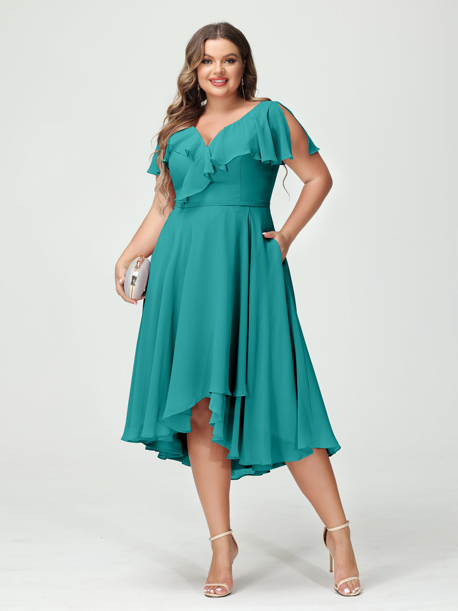 A-Line/Princess V-Neck Short Sleeves Chiffon Ruffles High-Low Plus Size Bridesmaid Dresses with Pockets Aqua Blue