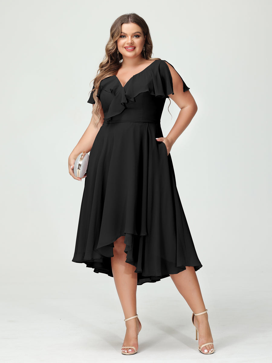 A-Line/Princess V-Neck Short Sleeves Chiffon Ruffles High-Low Plus Size Bridesmaid Dresses with Pockets Black
