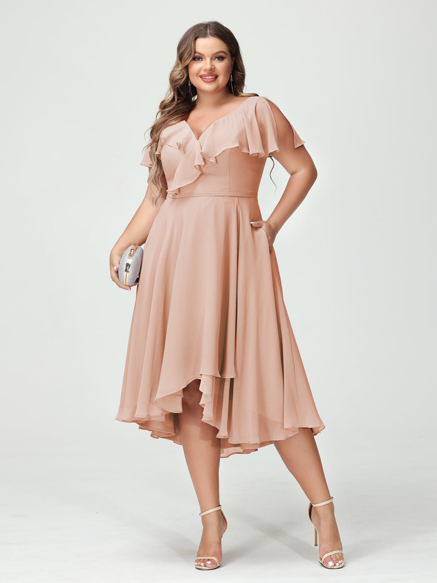 A-Line/Princess V-Neck Short Sleeves Chiffon Ruffles High-Low Plus Size Bridesmaid Dresses with Pockets Blush Pink