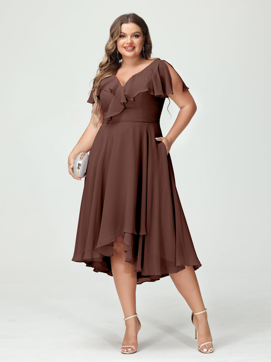 A-Line/Princess V-Neck Short Sleeves Chiffon Ruffles High-Low Plus Size Bridesmaid Dresses with Pockets Brown