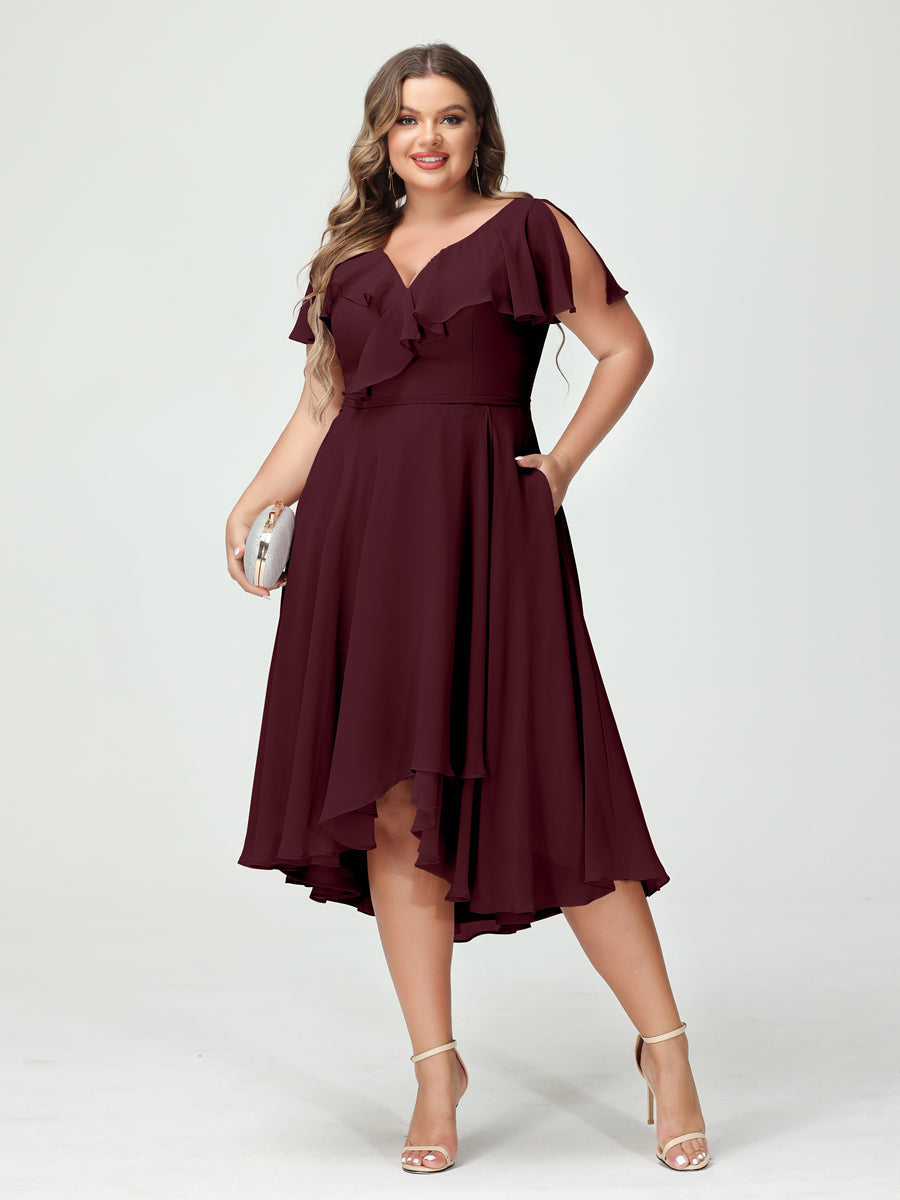 A-Line/Princess V-Neck Short Sleeves Chiffon Ruffles High-Low Plus Size Bridesmaid Dresses with Pockets Burgundy