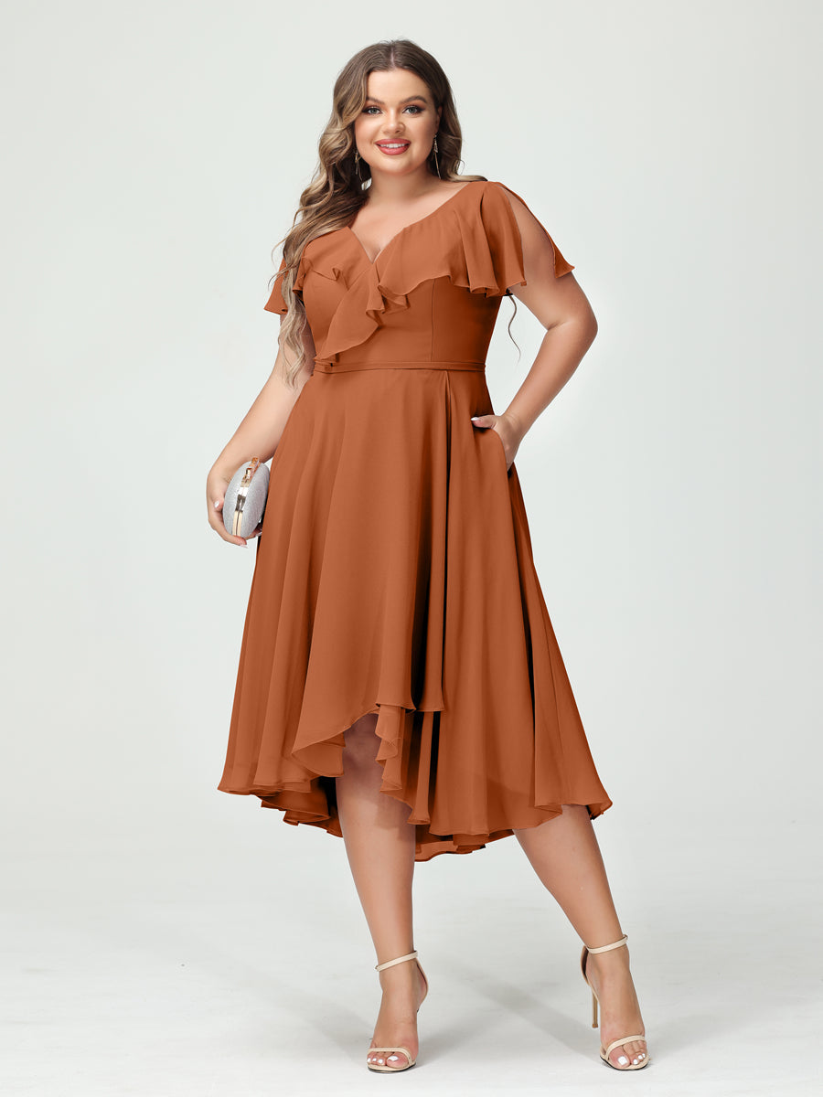 A-Line/Princess V-Neck Short Sleeves Chiffon Ruffles High-Low Plus Size Bridesmaid Dresses with Pockets Burnt Orange
