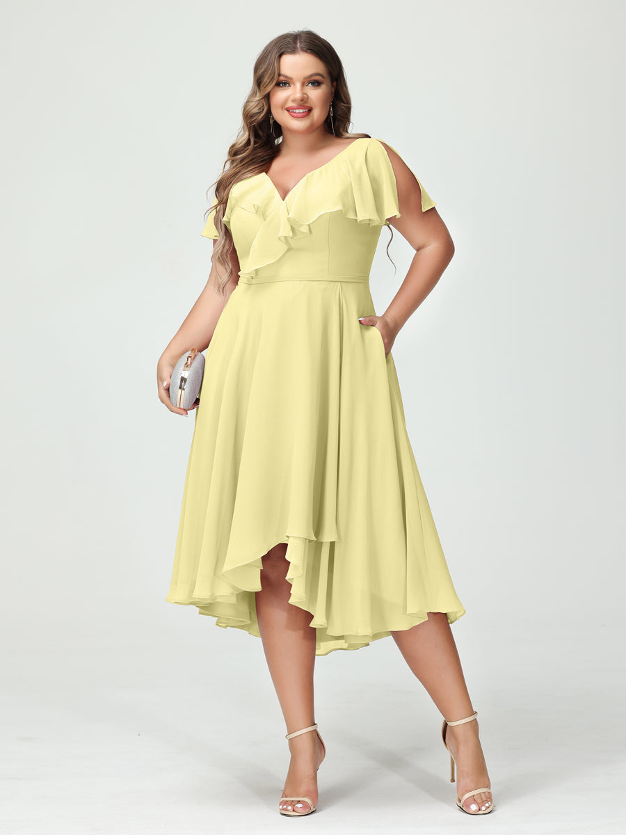 A-Line/Princess V-Neck Short Sleeves Chiffon Ruffles High-Low Plus Size Bridesmaid Dresses with Pockets Canary