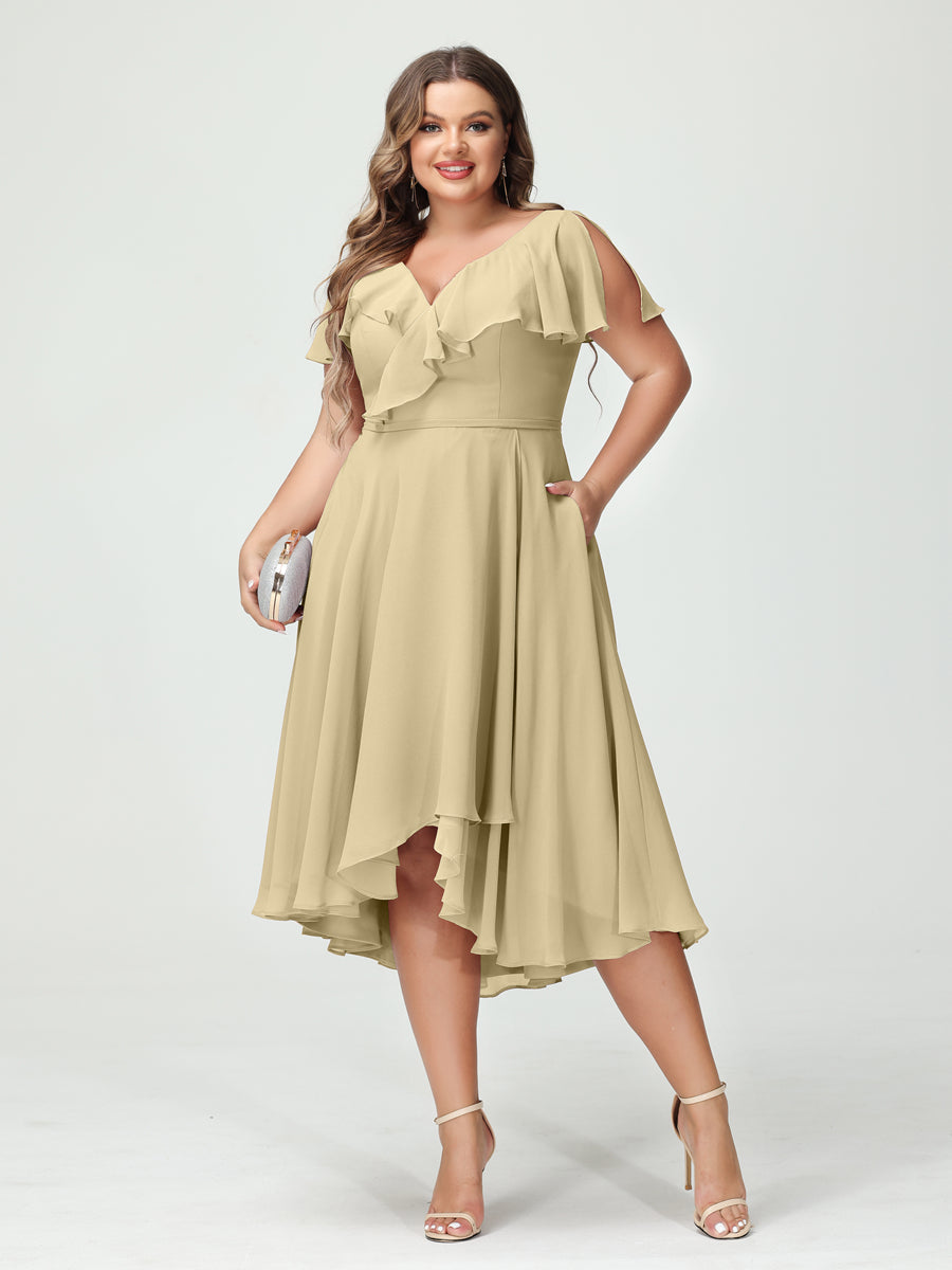 A-Line/Princess V-Neck Short Sleeves Chiffon Ruffles High-Low Plus Size Bridesmaid Dresses with Pockets Champagne