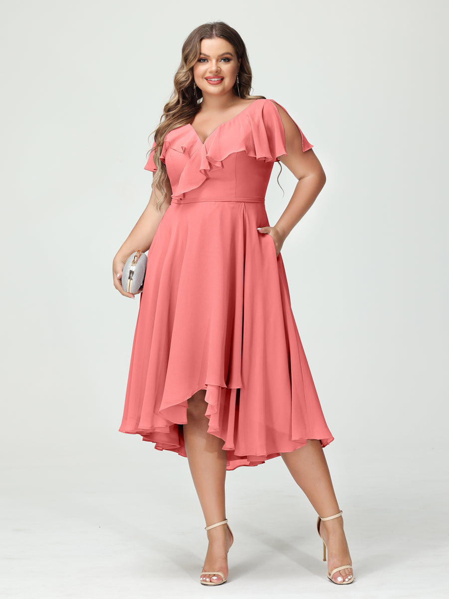 A-Line/Princess V-Neck Short Sleeves Chiffon Ruffles High-Low Plus Size Bridesmaid Dresses with Pockets Coral