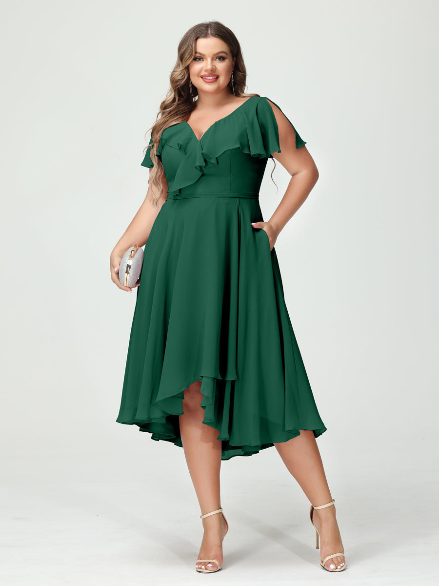 A-Line/Princess V-Neck Short Sleeves Chiffon Ruffles High-Low Plus Size Bridesmaid Dresses with Pockets Dark Green
