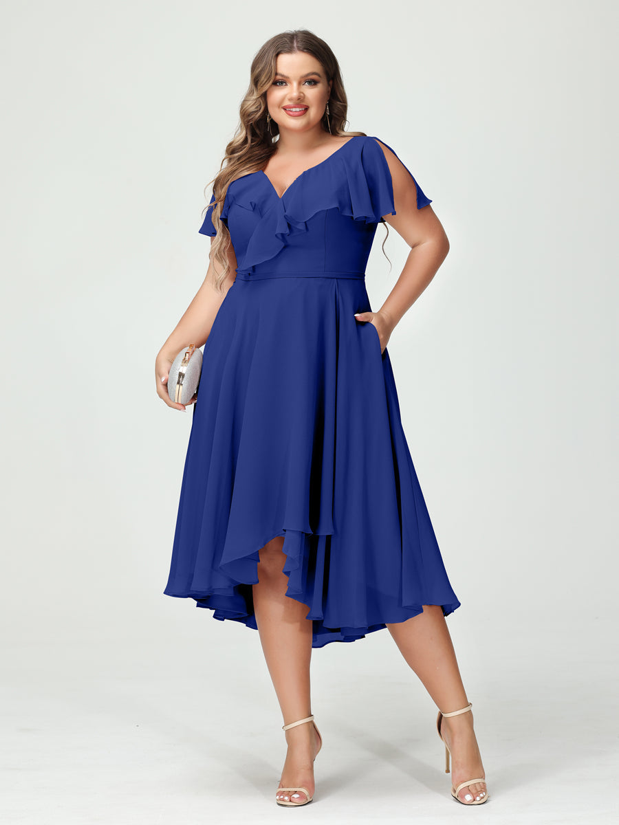 A-Line/Princess V-Neck Short Sleeves Chiffon Ruffles High-Low Plus Size Bridesmaid Dresses with Pockets Dark Royal Blue