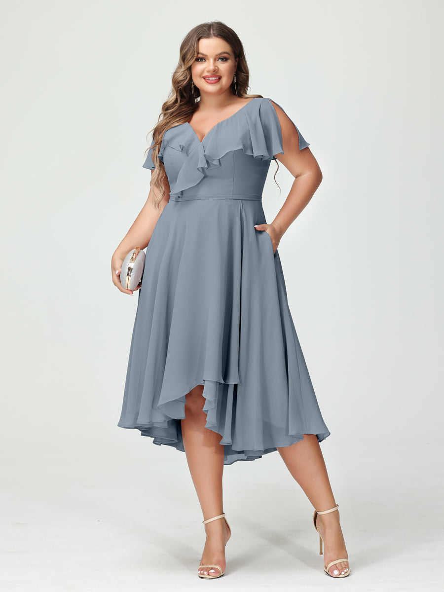 A-Line/Princess V-Neck Short Sleeves Chiffon Ruffles High-Low Plus Size Bridesmaid Dresses with Pockets Dusty Blue