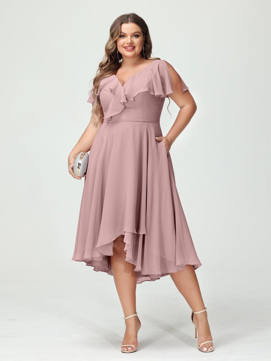 A-Line/Princess V-Neck Short Sleeves Chiffon Ruffles High-Low Plus Size Bridesmaid Dresses with Pockets Dusty Pink