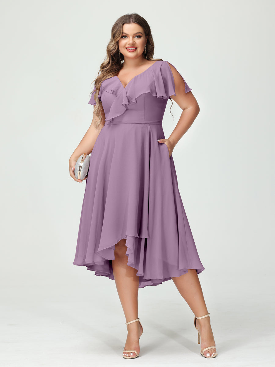 A-Line/Princess V-Neck Short Sleeves Chiffon Ruffles High-Low Plus Size Bridesmaid Dresses with Pockets Dusty Purple