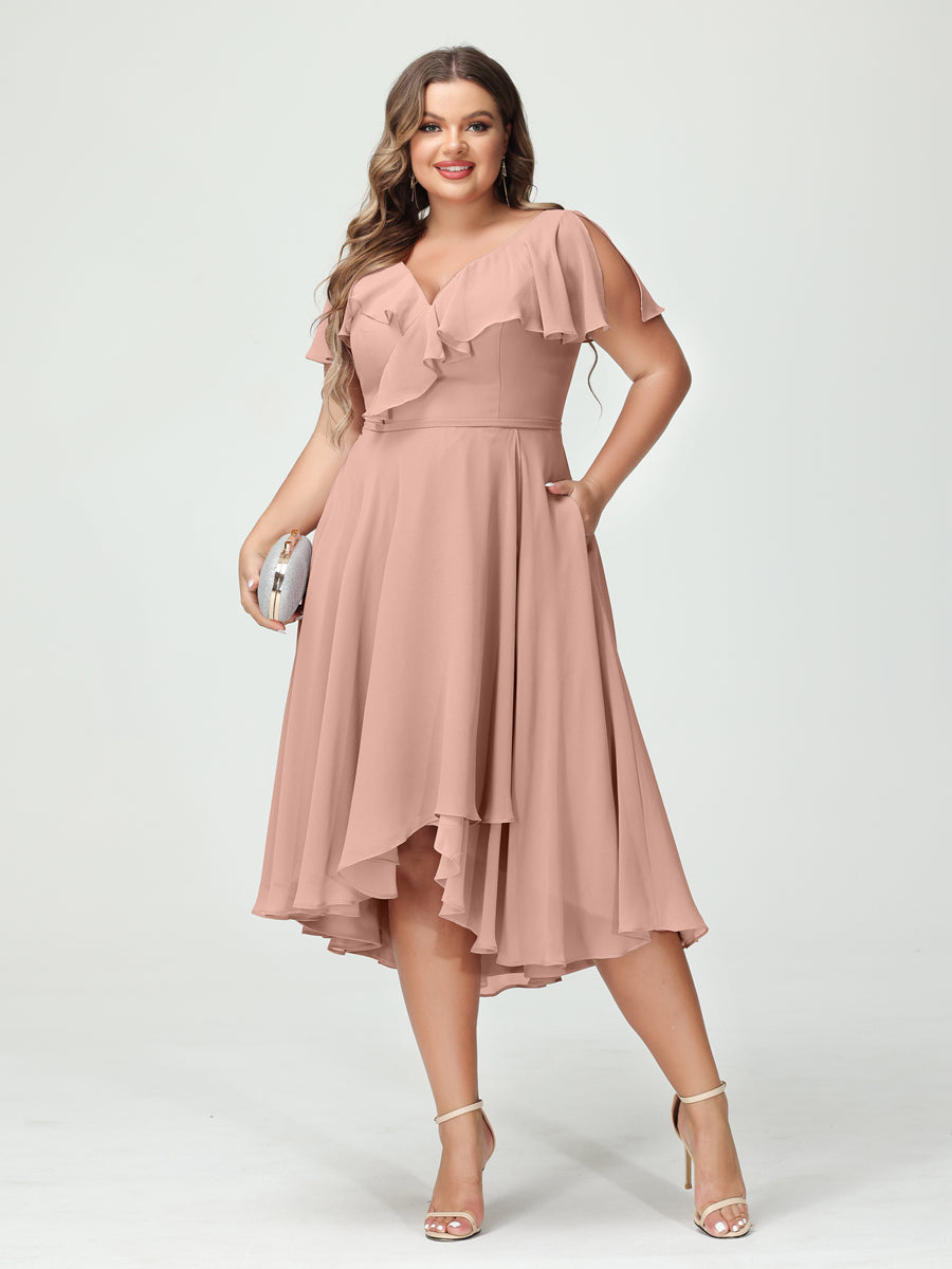 A-Line/Princess V-Neck Short Sleeves Chiffon Ruffles High-Low Plus Size Bridesmaid Dresses with Pockets Dusty Rose