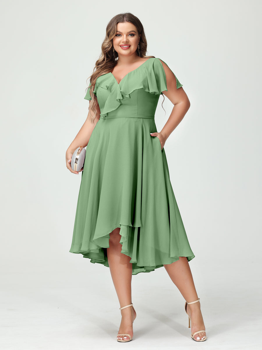 A-Line/Princess V-Neck Short Sleeves Chiffon Ruffles High-Low Plus Size Bridesmaid Dresses with Pockets Dusty Sage
