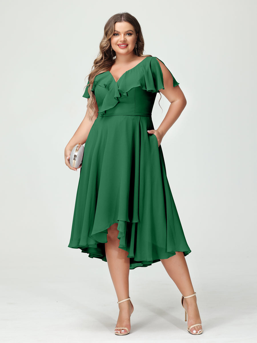 A-Line/Princess V-Neck Short Sleeves Chiffon Ruffles High-Low Plus Size Bridesmaid Dresses with Pockets Emerald