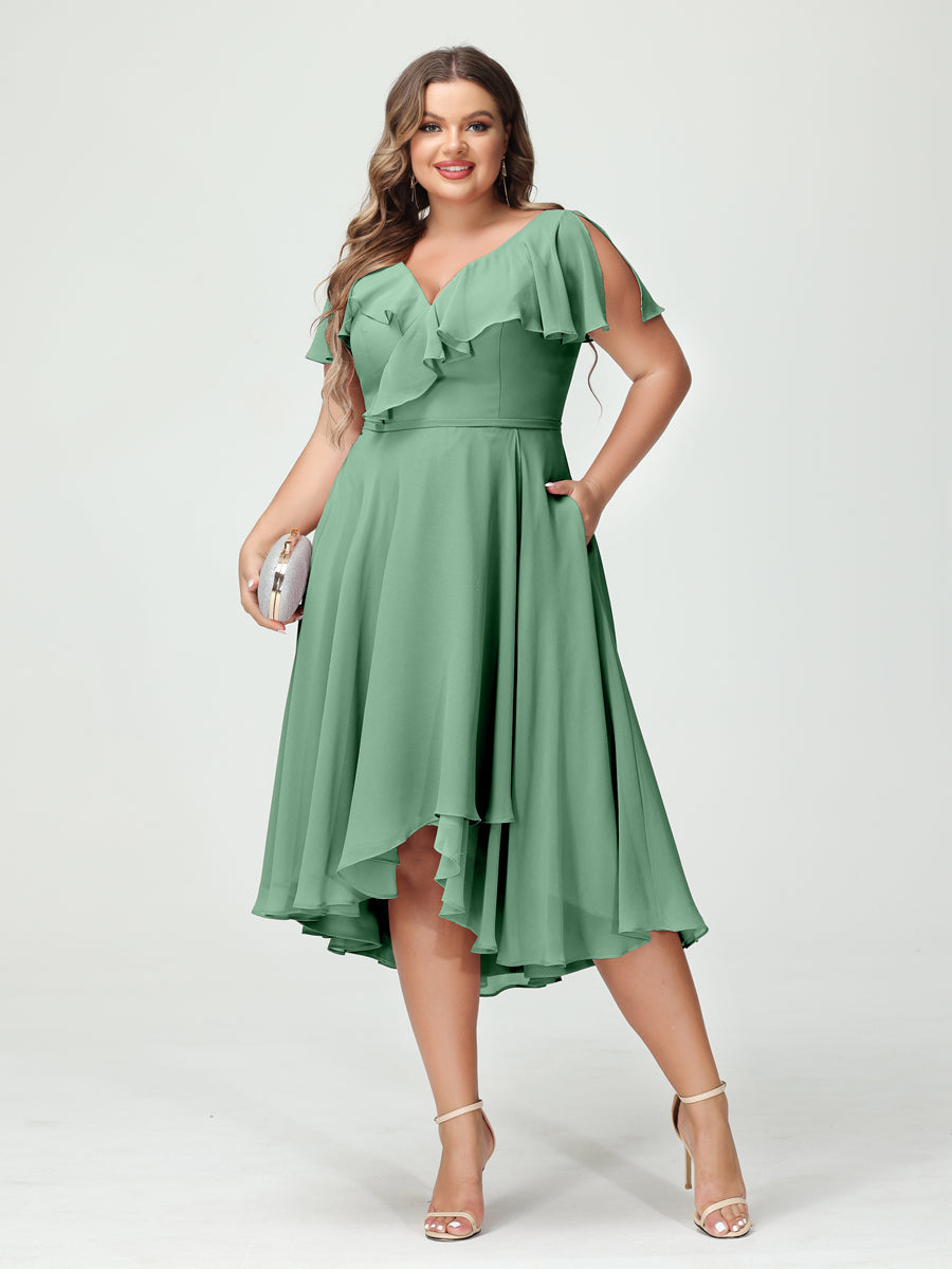 A-Line/Princess V-Neck Short Sleeves Chiffon Ruffles High-Low Plus Size Bridesmaid Dresses with Pockets Eucalyptus