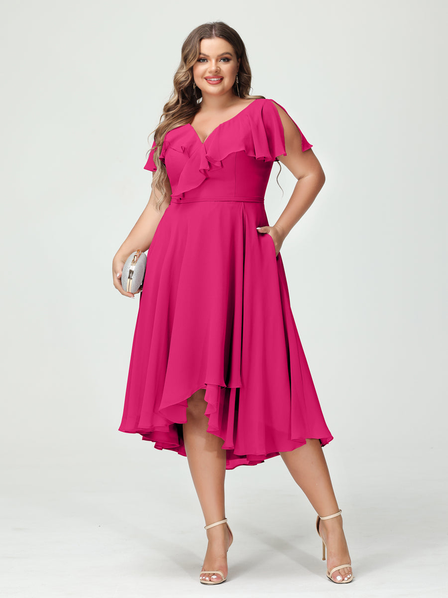A-Line/Princess V-Neck Short Sleeves Chiffon Ruffles High-Low Plus Size Bridesmaid Dresses with Pockets Fuchsia Pink