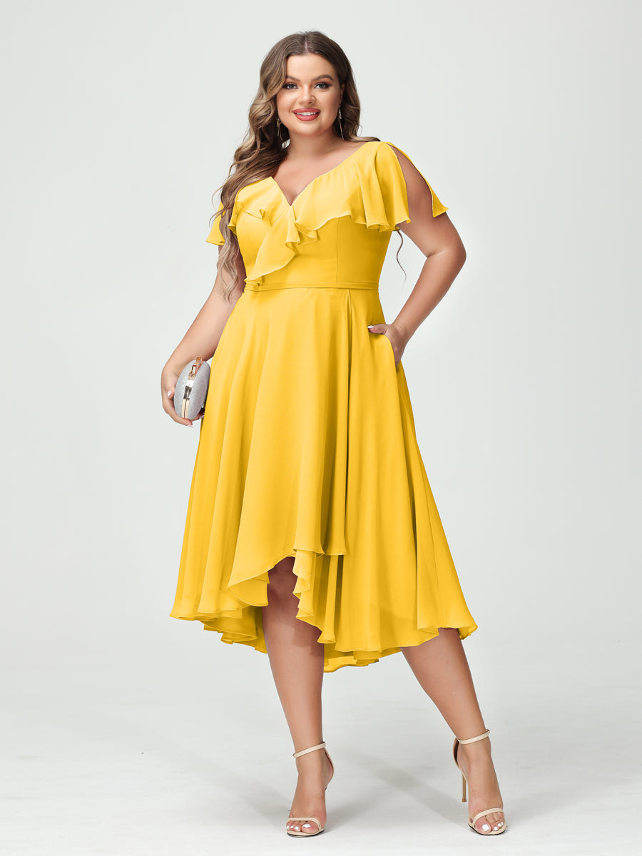 A-Line/Princess V-Neck Short Sleeves Chiffon Ruffles High-Low Plus Size Bridesmaid Dresses with Pockets Gold
