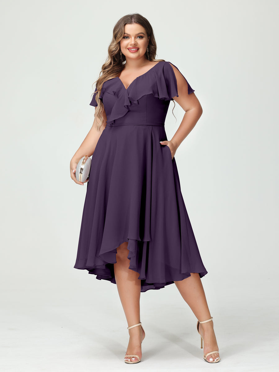 A-Line/Princess V-Neck Short Sleeves Chiffon Ruffles High-Low Plus Size Bridesmaid Dresses with Pockets Grape