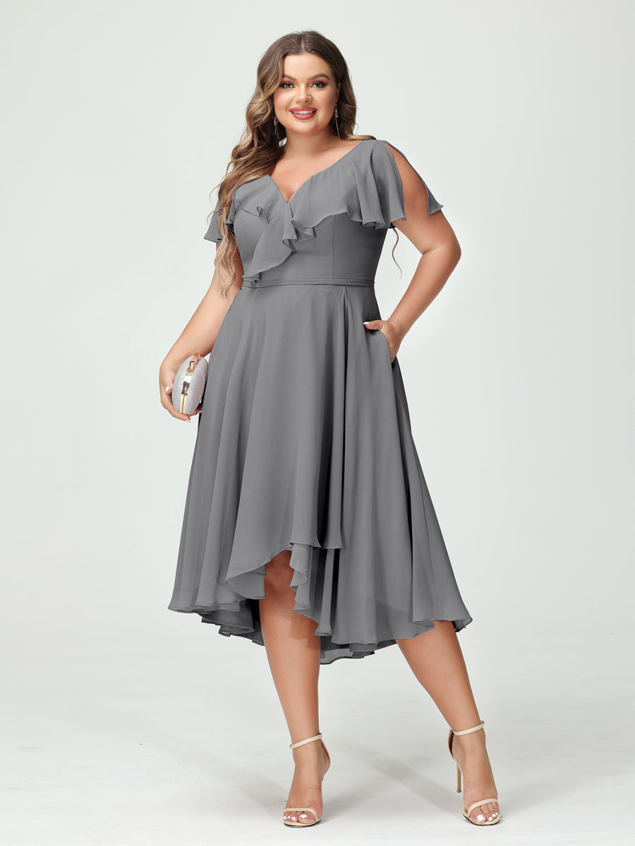 A-Line/Princess V-Neck Short Sleeves Chiffon Ruffles High-Low Plus Size Bridesmaid Dresses with Pockets Gray