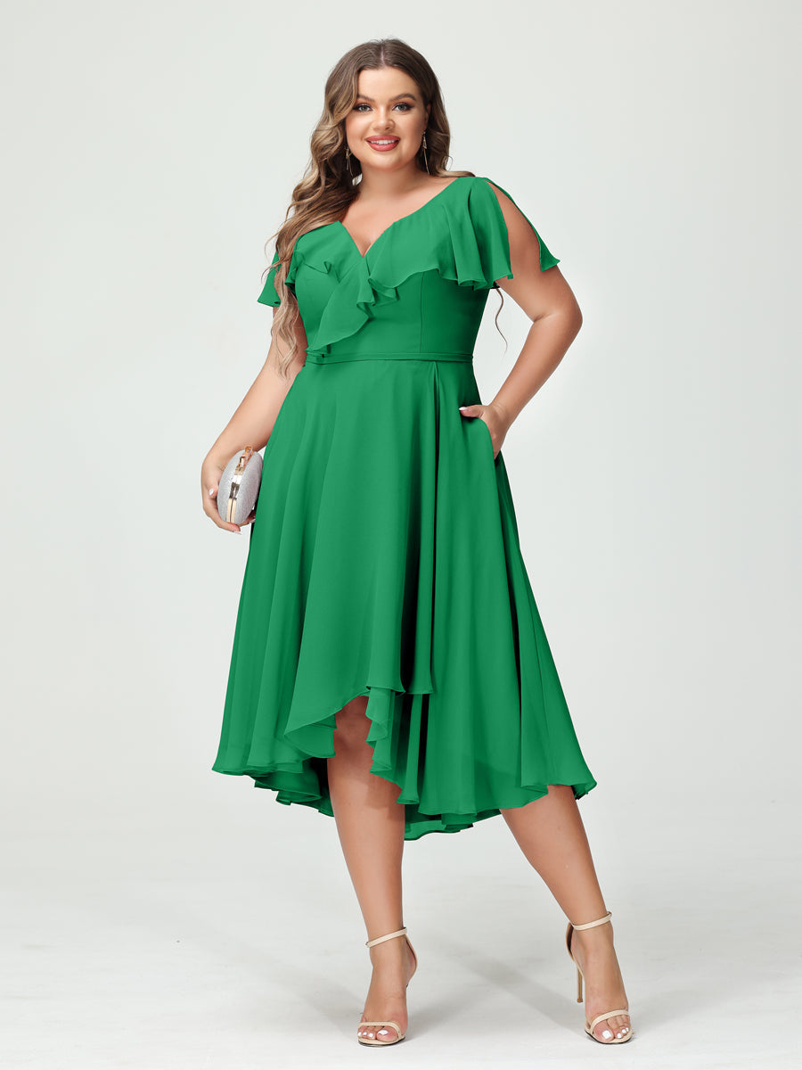 A-Line/Princess V-Neck Short Sleeves Chiffon Ruffles High-Low Plus Size Bridesmaid Dresses with Pockets Green