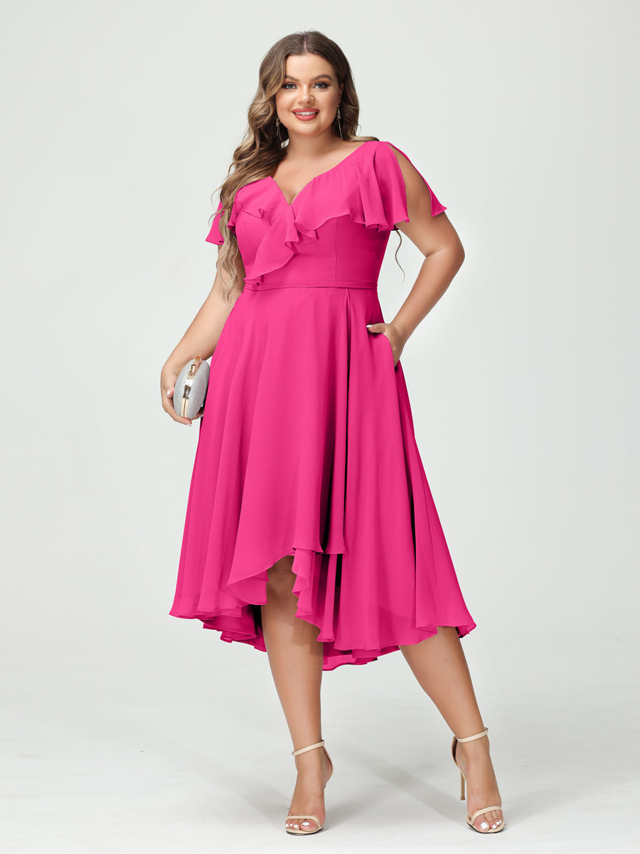 A-Line/Princess V-Neck Short Sleeves Chiffon Ruffles High-Low Plus Size Bridesmaid Dresses with Pockets Hot Pink