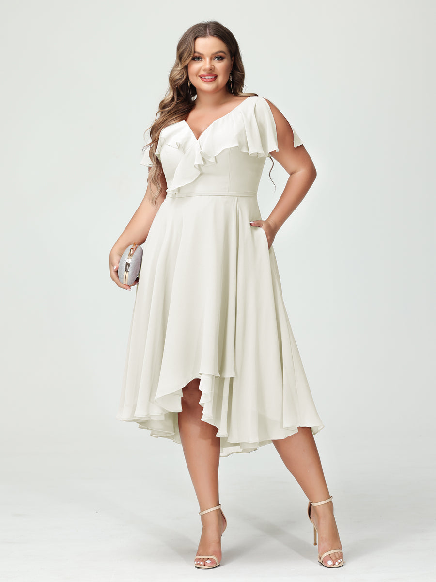 A-Line/Princess V-Neck Short Sleeves Chiffon Ruffles High-Low Plus Size Bridesmaid Dresses with Pockets Ivory